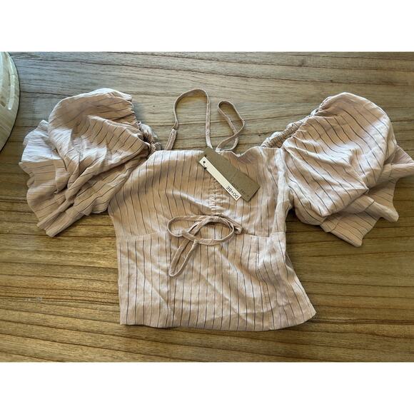 Do & Be Tan Black Stripe Adjustable Puff Sleeve Crop Top‎ Size Small NWT Boho - Picture 2 of 7
